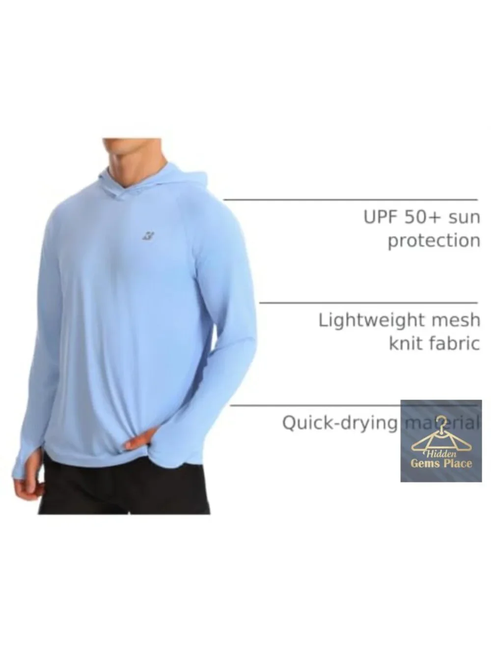 Men's UPF 50+ Long Sleeve Sun Hoodie Fishing Hiking Running Rash Guard